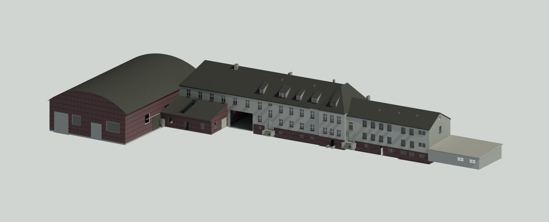 Halle eines Ehemaligen Werkzeugbauers, welche mit BIM-Methodik in REVIT modelliert wurde, um eine Umplanung zu beginnen.